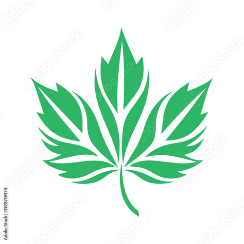 Minimal green cannabis leaf icon isolated on white background. Simple flat marijuana symbol with clean lines, modern botanical logo design, vector style illustration