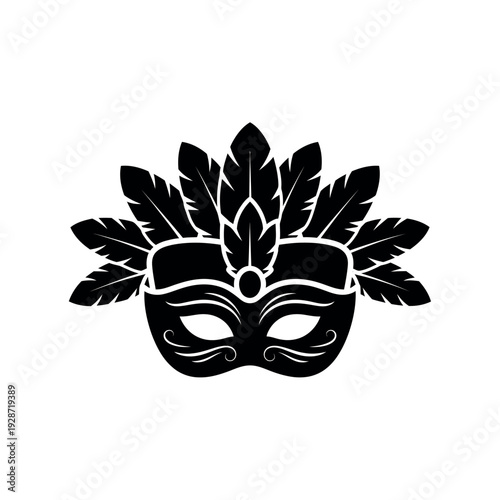 Elegant Masquerade Mask with Feathers Black and White Illustration.