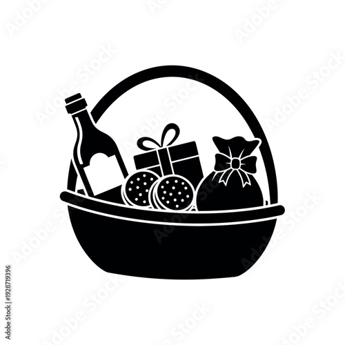 Gift Basket with Wine Bottle and Presents.