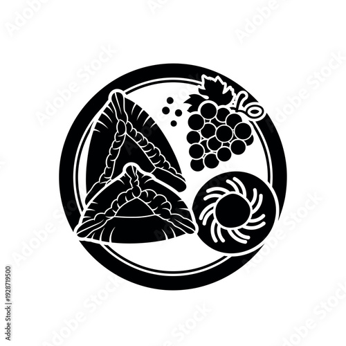 Purim holiday food with hamantaschen grapes and donut.