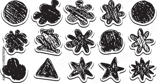 A collection of playful, hand-drawn black scribble icons designed as individual stickers with white borders. These textured vector elements feature abstract stars, organic blobs, and geometric shapes.