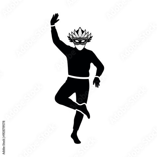 Silhouette of a person wearing a Venetian mask dancing.