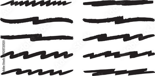 A collection of bold, hand-drawn black marker strokes featuring sharp zigzag patterns and horizontal scribble lines.