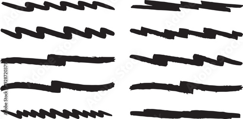 A collection of bold, hand-drawn black marker strokes featuring sharp zigzag patterns and horizontal scribble lines.