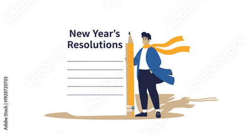 Man standing beside New Year resolutions list