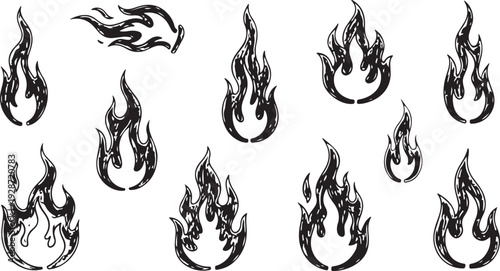 A collection of expressive, hand-drawn black flame icons featuring a unique dry-brush texture and organic outlines.