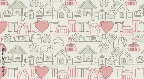 Seamless Pattern of Houses and Hearts.