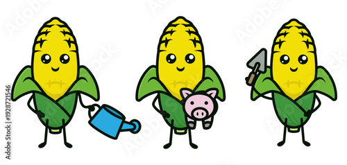 Set of cute corn mascot designs.