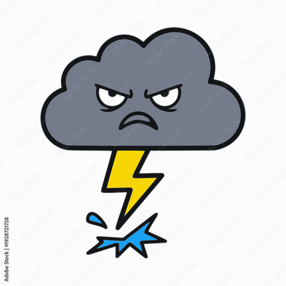 Obraz premium Angry cartoon storm cloud with a yellow lightning bolt striking and water splashing below.