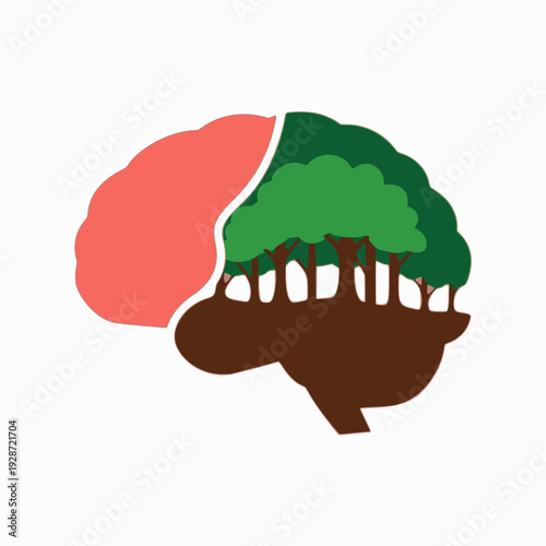 Stylized illustration of a human brain with one hemisphere representing a vibrant green forest and the other a solid pink color, symbolizing the connection between mind and nature.