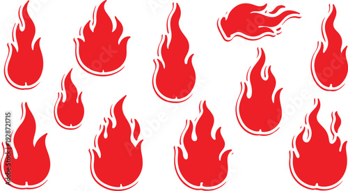 A collection of dynamic, stylized red flame icons and fire elements featuring bold outlines and energetic shapes.