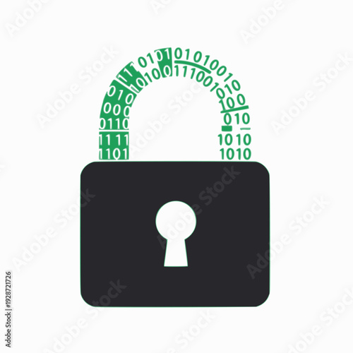 A digital padlock with an open shackle formed by green binary code, symbolizing cybersecurity and data unlocking.