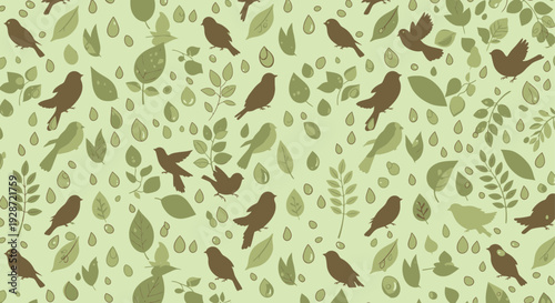 Seamless Pattern of Leaves and Birds.