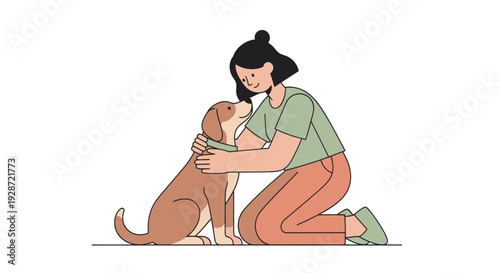 Woman Kneeling and Hugging Her Dog.