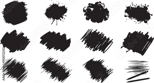Hand-Drawn Artistic Ink Splatters and Grungy Brush Stroke Textures in Black on White