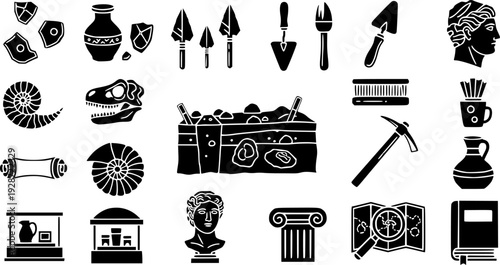Archaeology Icons Vector Set: Artifacts, Tools, Fossils, Excavation, History, Museum, and Research. Bold Silhouette Graphics Collection for Science Design.