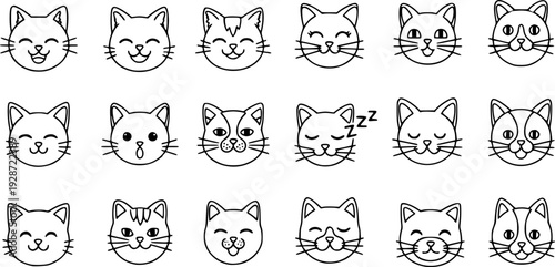 Twelve cute cat face line art icons.EPS Vector.
