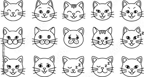 Twelve cute cat face line art icons.EPS Vector.
