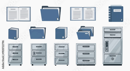 Office supplies and filing cabinets on a desk in a workspace environment with folders.