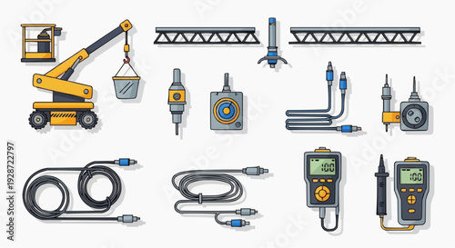 Construction workers utilize various tools on a building site with scaffolding equipment