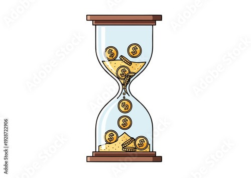 An hourglass with gold coins flowing from top to bottom, symbolizing time and wealth, in a simple illustration style