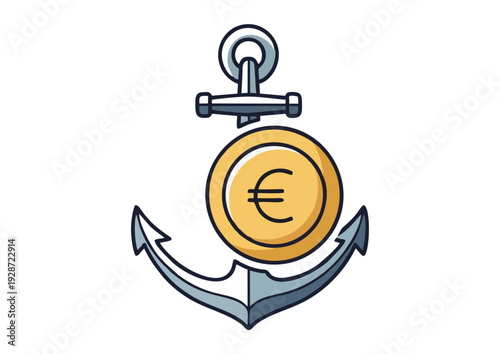 Anchor with Euro coin, symbolizing financial security and stability in maritime trade and commerce.