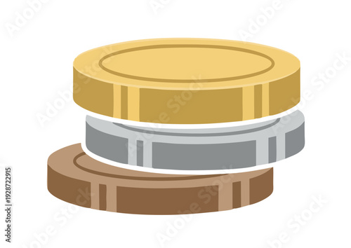 Stack of coins in gold, silver, and bronze, viewed from the side, illustrating currency and finance concepts