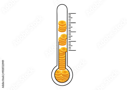 Coins stacked in a thermometer, illustrating financial growth and savings from a front view