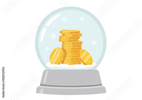 Stacks of gold coins floating inside a snow globe on a gray base with snowflakes gently falling around them