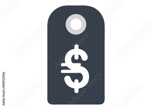 A dark grey price tag with a white dollar sign icon on it viewed from the front