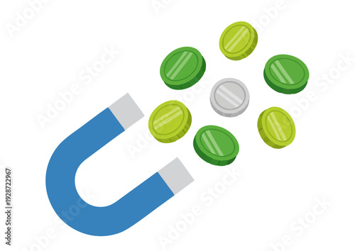 Magnetic Attraction Illustration Featuring Pills and Capsules Drawn to a Magnet