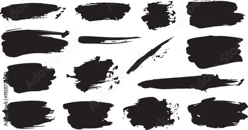A diverse set of hand-painted black brush strokes, ink swashes, and textured smudges isolated on a white background, ideal for creating grunge borders and artistic backgrounds.