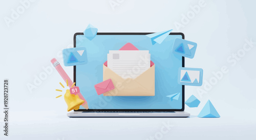 Email marketing concept with laptop, envelope and notifications