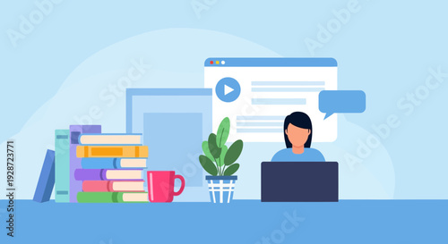 online learning concept, woman with laptop and books