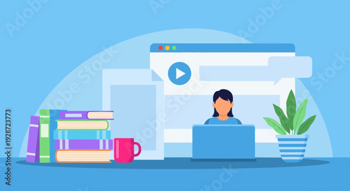 online learning concept, woman using laptop, video tutorial, books