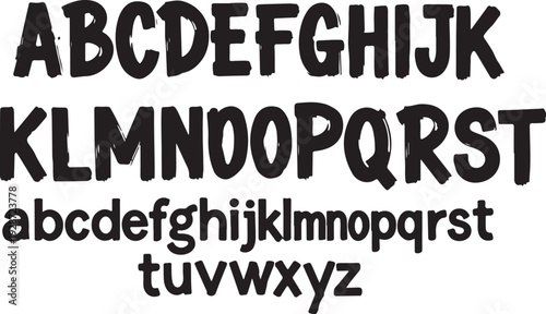 A full set of uppercase and lowercase letters featuring a rugged, hand-drawn aesthetic with visible paint textures and distressed edges against a solid white backdrop.