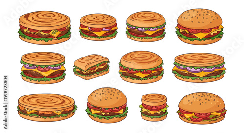 Delicious Burger and Sandwich Collection Vector Illustration with Various Toppings and Buns