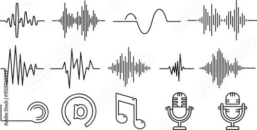Dynamic collection of black and white sound wave forms and audio frequency visualizations representing abstract digital music