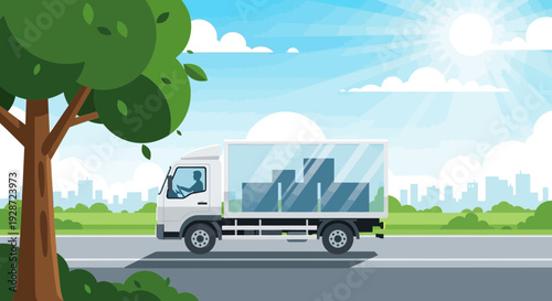 delivery truck on road, transportation of goods, cityscape background