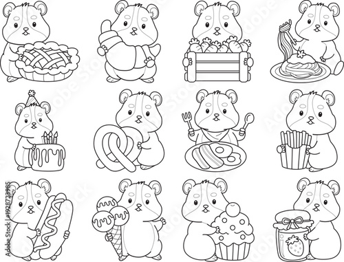 Coloring pages of Cute set of hamster sticker with activity.  Outline of hamster 