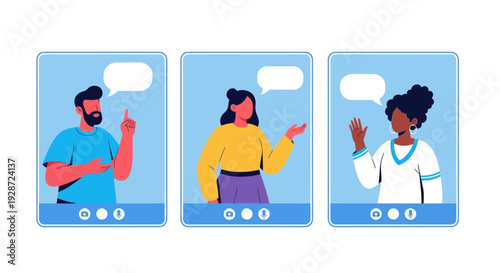 video call meeting, online conference, diverse team, communication