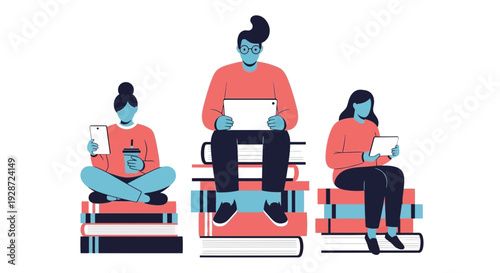 people using tablets sitting on books, learning concept