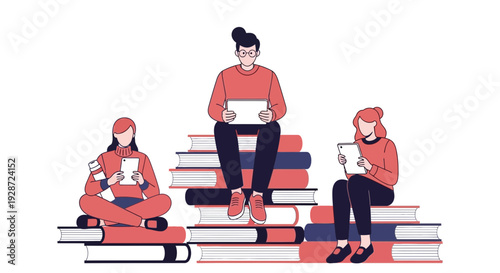 Students reading, sitting on books, using tablets, education concept