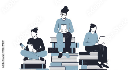 Students reading books, using tablets and laptops, education concept