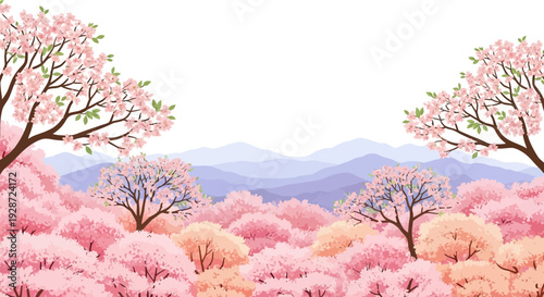 cherry blossom trees, spring landscape, mountains, pink flowers
