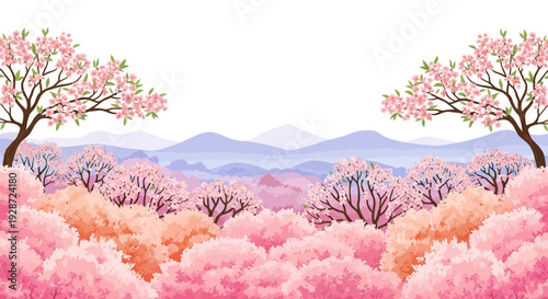 cherry blossom trees landscape, spring nature background