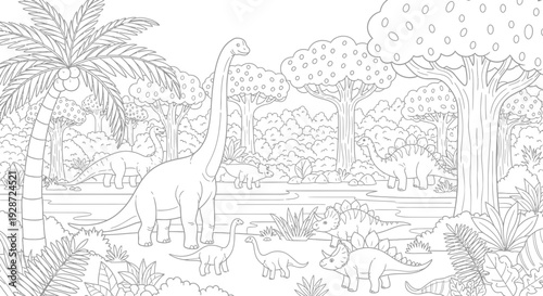 dinosaurs in prehistoric jungle, black and white illustration
