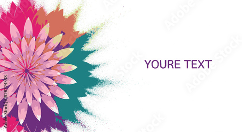 Vibrant flower illustration with pink petals and colorful splashes on white background for design templates