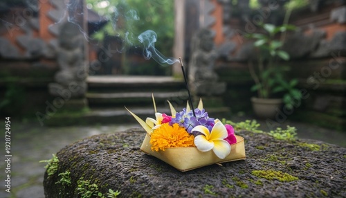 Traditional Balinese Canang Sari offering with burning incense smoke, sacred spiritual ritual for Nyepi Silent Day in Bali, generative AI