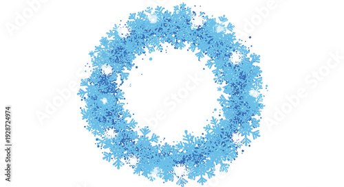 Circular arrangement of blue snowflakes forming a decorative wreath on a white background with soft serene and festive atmosphere